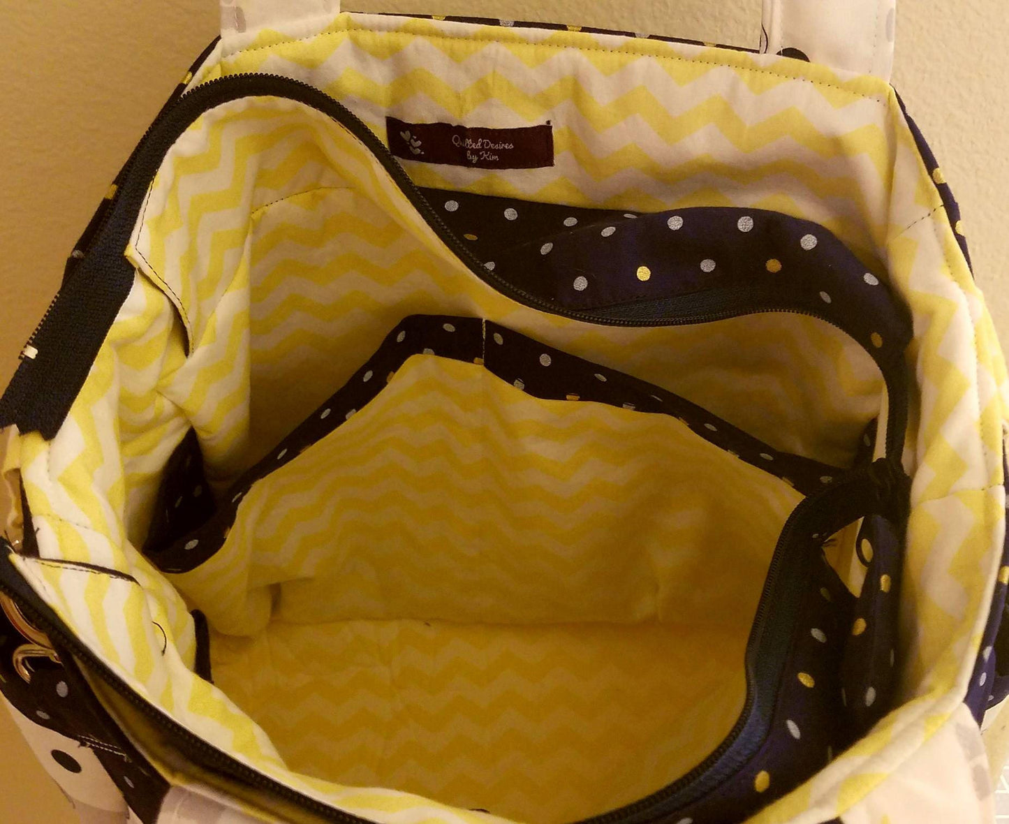 White, Yellow, and Blue Polka Dot/Chevron Elephant Handmade Diaper Bag