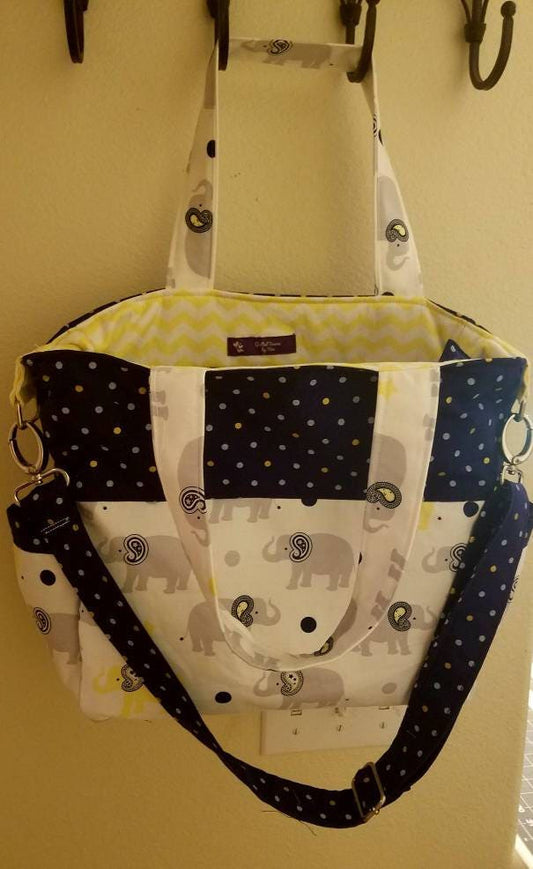 White, Yellow, and Blue Polka Dot/Chevron Elephant Handmade Diaper Bag